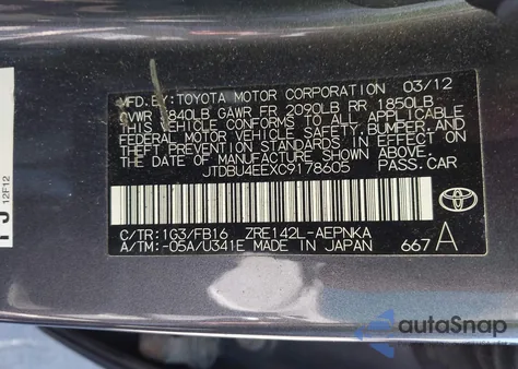 2012 Toyota Corolla Le z USA, uszkodzony, nr VIN JTDBU4EEXC9178605